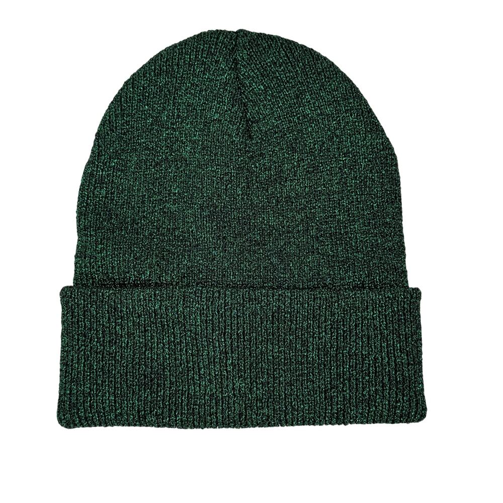 Anthropologie beanie hat green metallic sparkle cuffed lined rib knit one size